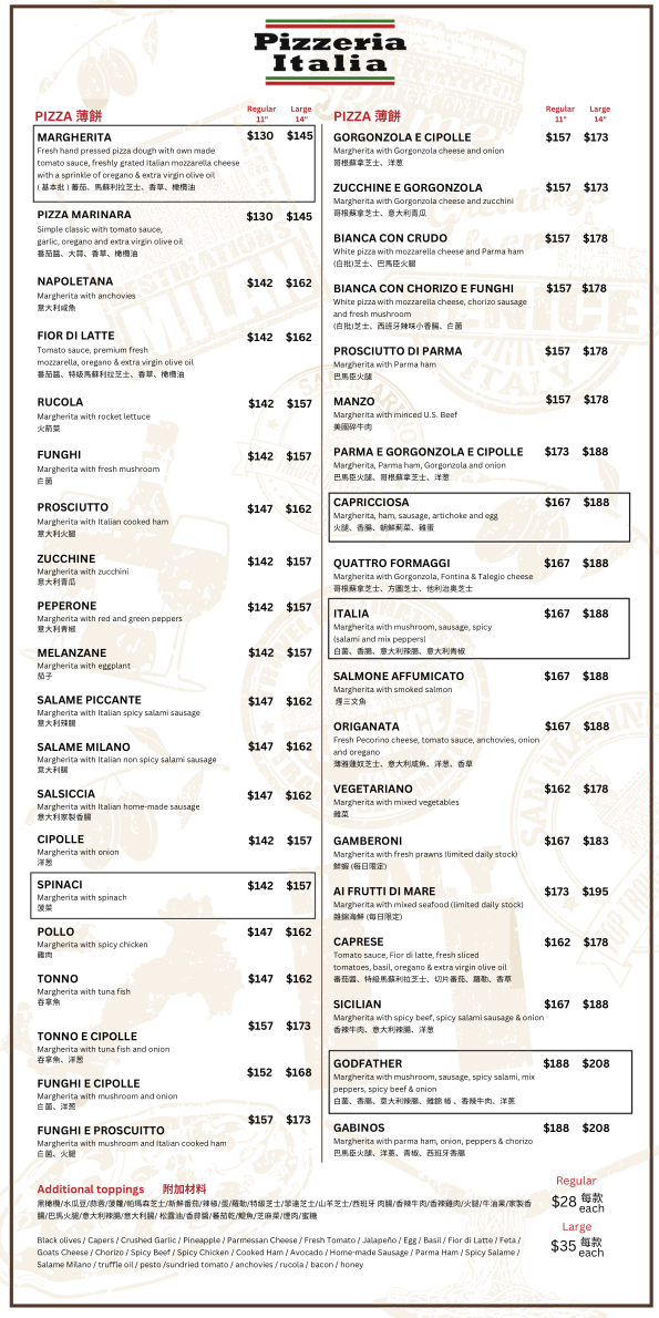 Pizzeria Italia Menu - Back. Click to view larger version